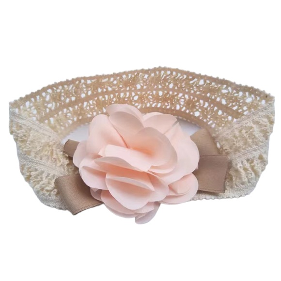 Lace Headband with Tan Tie and Pink Flower - Picture 2 of 7